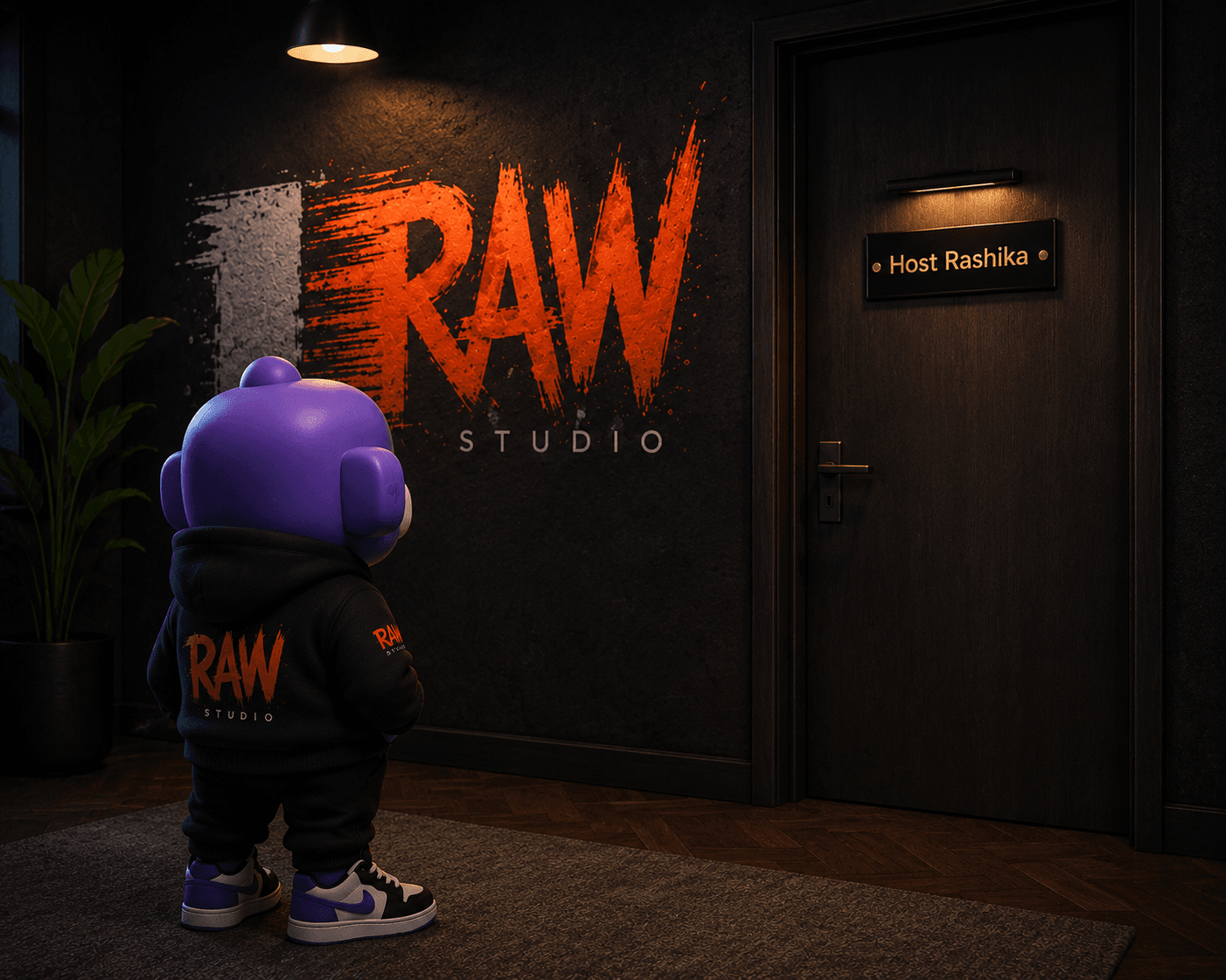 The RAW mascot standing outside a door marked Host Rashika
